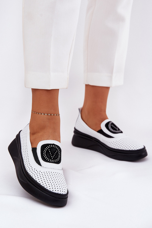 Mokasyny Damskie Skórzane Na Platformie I Koturnie Vinceza 79522 Białe