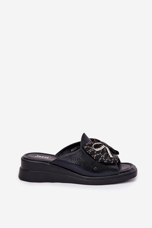 Klapki Damskie Na Koturnie Z Kokardą Czarne Moonzella