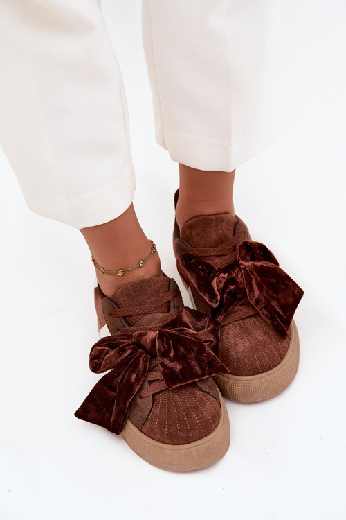 Sneakersy Damskie Z Welurową Kokardą Brązowe Ashlyn