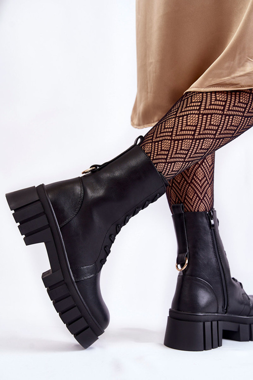 Skórzane Ocieplane Botki Na Platformie Czarne Telisa