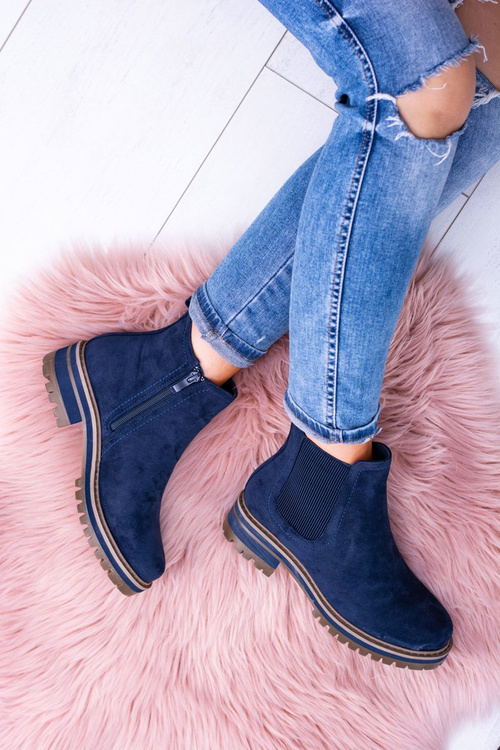 Granatowe Damskie Botki Sztyblety Płaski Obcas Gravis