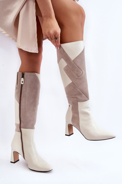 Damskie Skórzane Kozaki Do Kolan Maciejka 05784-22 Jasnobeżowe