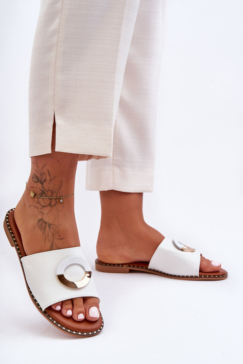 Damskie Klapki Z Ozdobą Białe Sherry