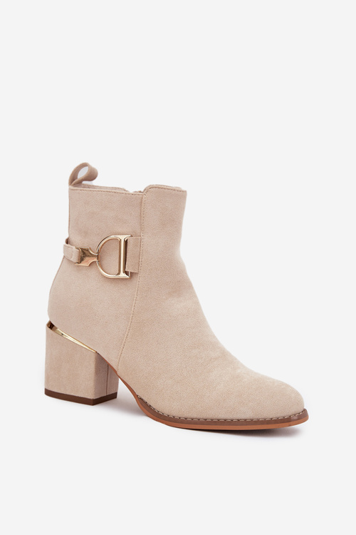 Ocieplane Botki Damskie Na Słupku Ze Złotymi Elementami Jasnobeżowe Ambrine