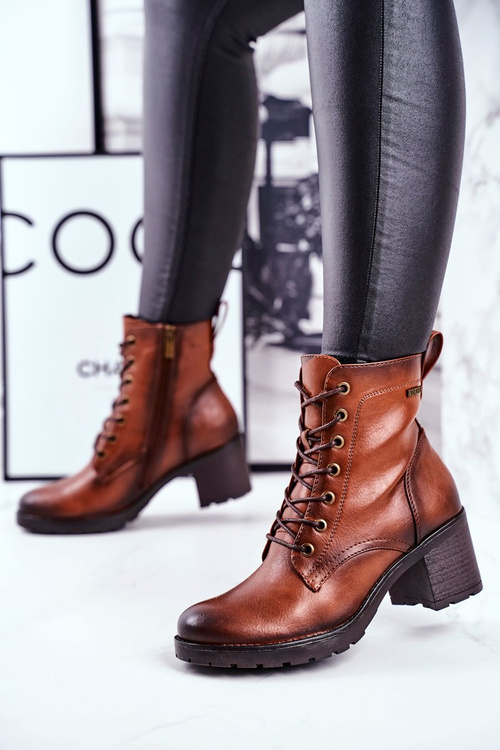 Botki Damskie Na Słupku Ocieplane Brązowe Fiber