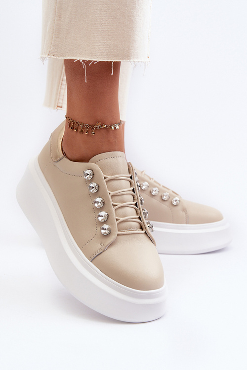 Skórzane Sneakersy Damskie Na Masywnej Platformie Beżowe S.Barski LR628