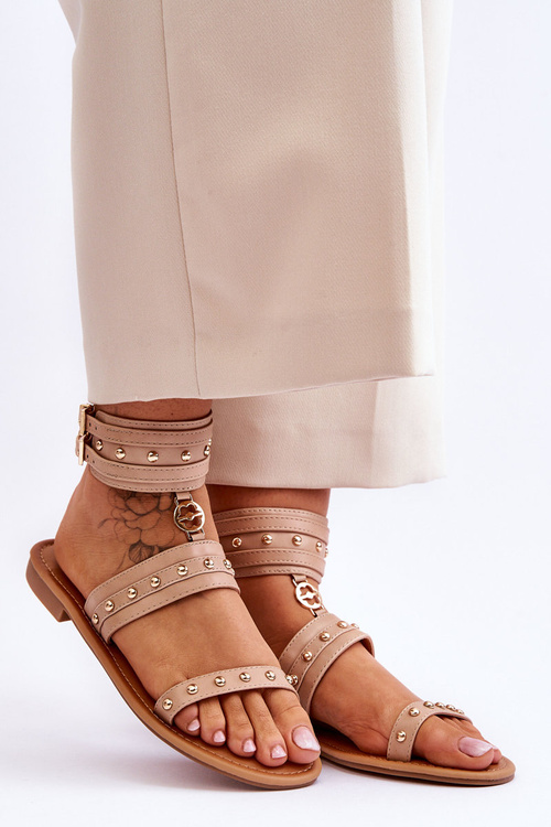 Wyjątkowe Sandały Damskie Z Ćwiekami Beżowe Selina