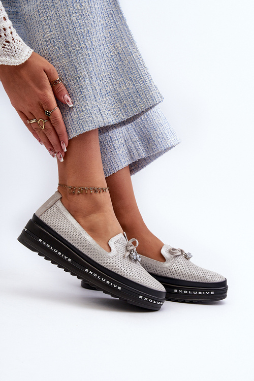 Błyszczące Mokasyny Damskie Skórzane Na Platformie S.Barski LR400 Srebrne