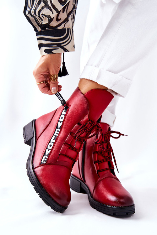 Skórzane Botki Z Ozdobnym Suwakiem Czerwone Lomissa