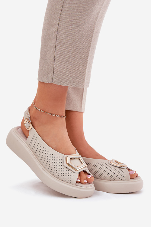 Skórzane Sandały Damskie Z Ozdobą S.Barski LR51-786 Beżowe