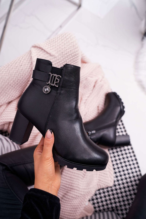 Damskie Botki Na Słupku Ocieplane Czarne Teleni