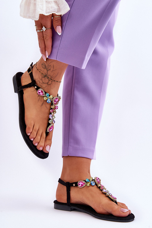 Zamszowe Sandały Japonki Z Kamieniami Czarne Frency