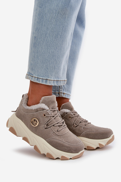 Ocieplane Buty Sportowe Damskie Sznurowane Na Platformie Szare Bialoa