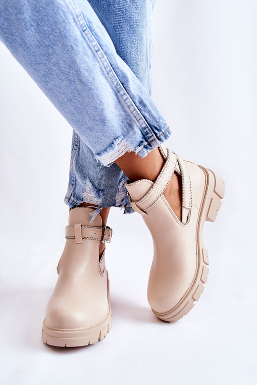 Damskie Skórzane Botki Z Ćwiekami Beżowe Clares