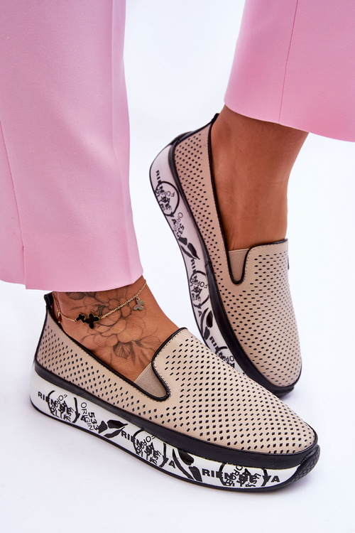 Damskie Ażurowe Skórzane Tenisówki Slip-On Beżowe Sorito