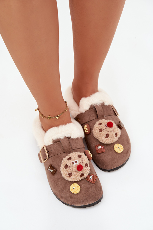 Kapcie Damskie Z Ozdobami I Klamrą Ocieplane Futerkiem Brązowe Thalora