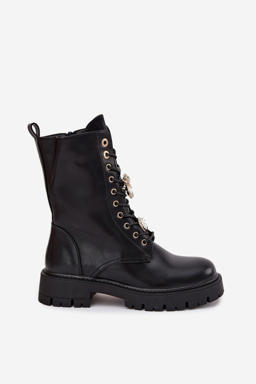 Botki Workery Damskie Z Przypinkami Ocieplane Czarne Lomina