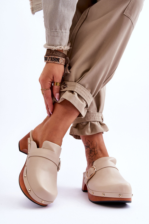 Damskie Skórzane Klapki Chodaki Beżowe Fanett