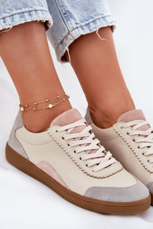 Skórzane Sneakersy Damskie Zazoo N1220 Beżowe