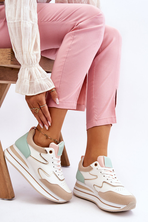 Modne Skórzane Buty Sportowe Biało-Beżowe Roen