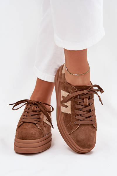 Sneakersy Damskie Na Platformie Z Naturalnego Zamszu Camel Eldira