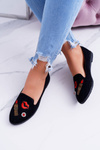 Czarne Damskie Baleriny Naszywki Lipstick