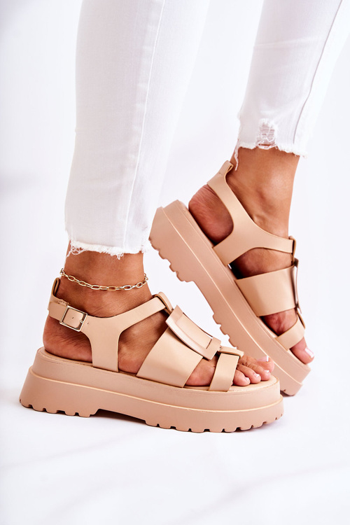 Damskie Skórzane Sandały Na Platformie Ciemnobeżowe Corene