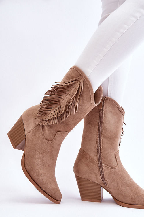 Damskie Niskie Zamszowe Kozaki Kowbojki Beżowe Elyse