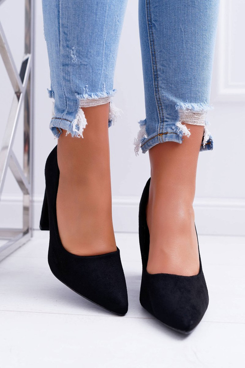 Czółenka Damskie Na Słupku Zamszowe Czarne Strawberry