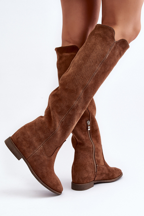 Zazoo 3407 Zamszowe Kozaki Do Kolana Na Płaskim Obcasie Camel
