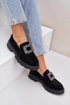Eko Zamszowe Mokasyny Damskie Z Ozdobną Broszką Czarne Valiana
