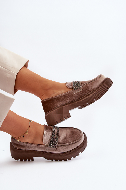 Damskie Welurowe Mokasyny Z Ozdobą Brązowe Wendreda