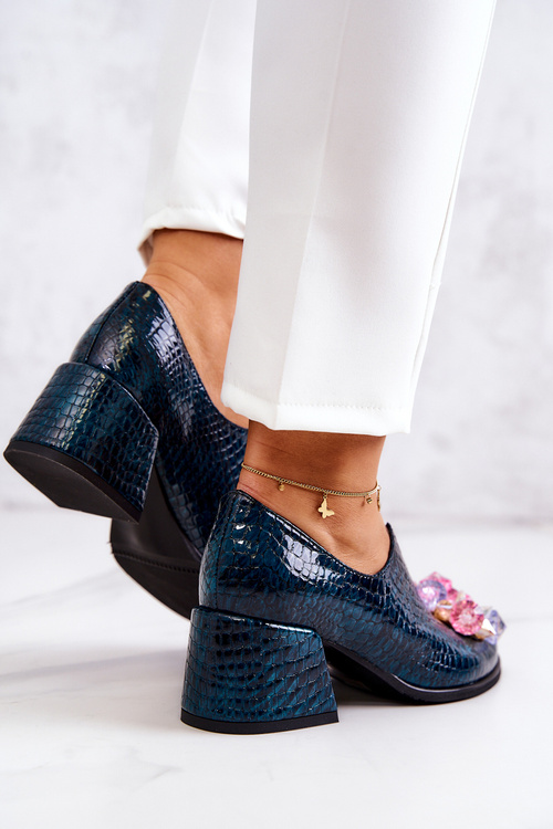 Skórzane Półbuty Wzór Krokodyl Z Ozdobą Zielone Delaver