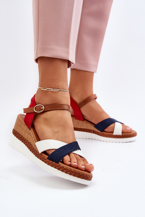 Sandały Na Koturnie Z Paskami Biało-Granatowe Kioda