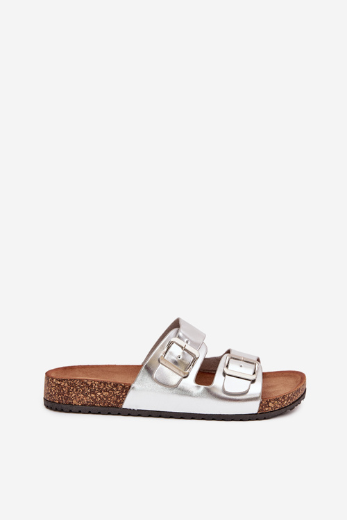 Damskie Klapki Na Korkowej Platformie Z Klamrami Srebrne Vesina