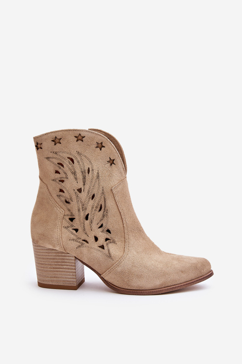 Ażurowe Botki Kowbojki Zamszowe Na Słupku Lewski 3613 Beżowe