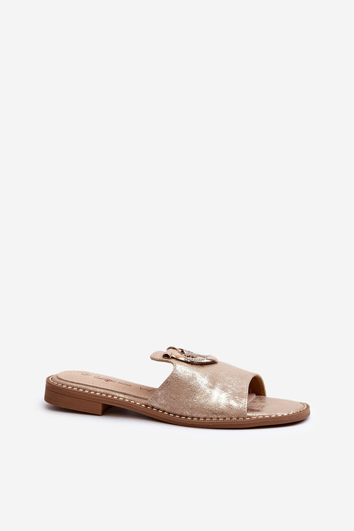 Eleganckie Błyszczące Klapki Damskie Z Ozdobą S.Barski KV27-032 Złote