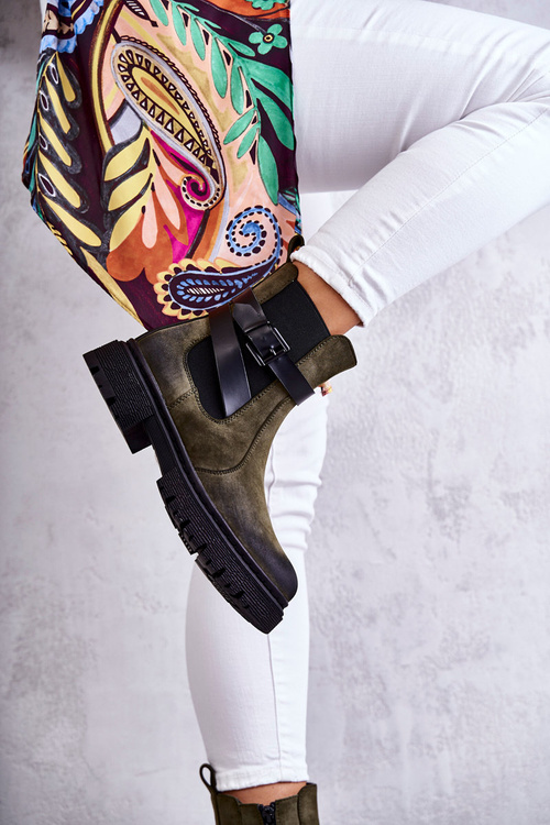 Damskie Ocieplane Botki Sztyblety Z Paskiem Zielone Jose