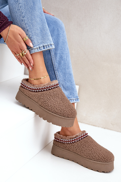 Śniegowce Kapcie Na Platformie Z Futerkiem Typu Baranek Brązowe Ovirissa