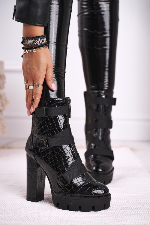 Damskie Botki na Słupku Wysokie Czarne Hortego