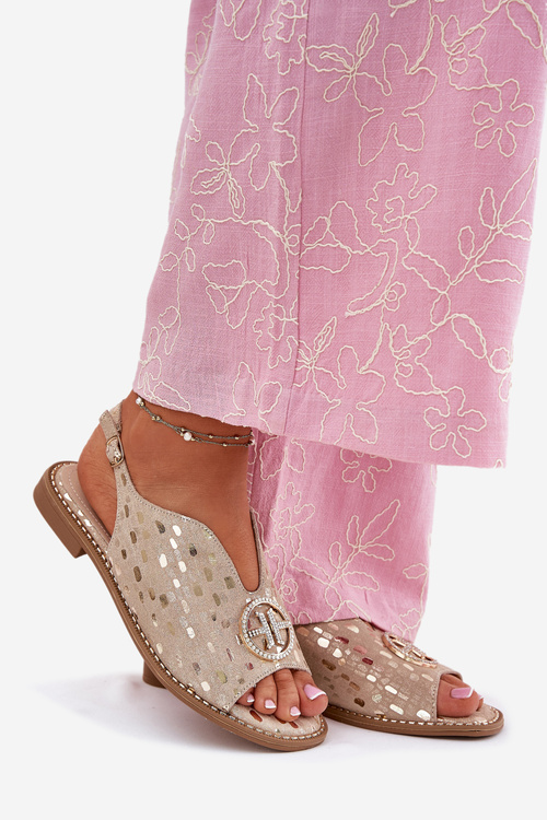 Skórzane Sandały Na Płaskim Obcasie Z Ozdobą S.Barski KV51-094 Złote