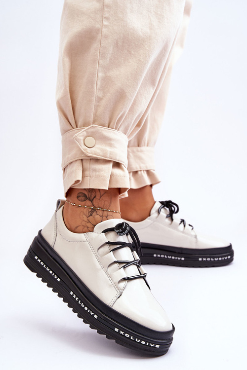 Lakierowane Sneakersy Damskie Na Platformie Beżowe S.Barski LR592B