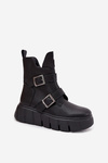 Skórzane Ocieplane Botki Damskie Na Platformie Z Klamrami Vinceza 66842 Czarne