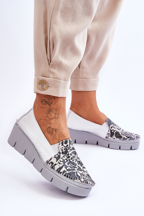 Skórzane Tenisówki Na Koturnie Maciejka 5814A-11 Biało-Czarne