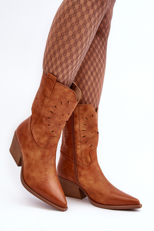 Skórzane Botki Kowbojki Na Niskim Obcasie Camel Ursuline