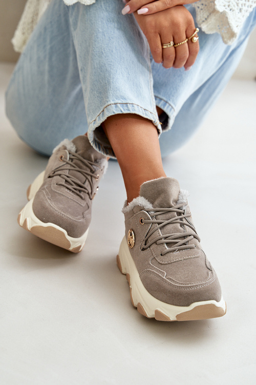 Ocieplane Buty Sportowe Damskie Sznurowane Na Platformie Szare Bialoa