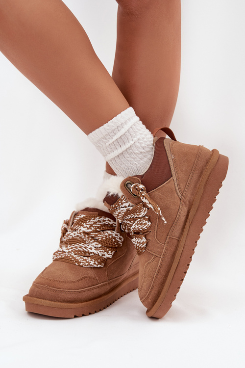 Zamszowe Śniegowce Damskie Z Futerkiem I Grubym Sznurowaniem Vinceza 97963 Camel