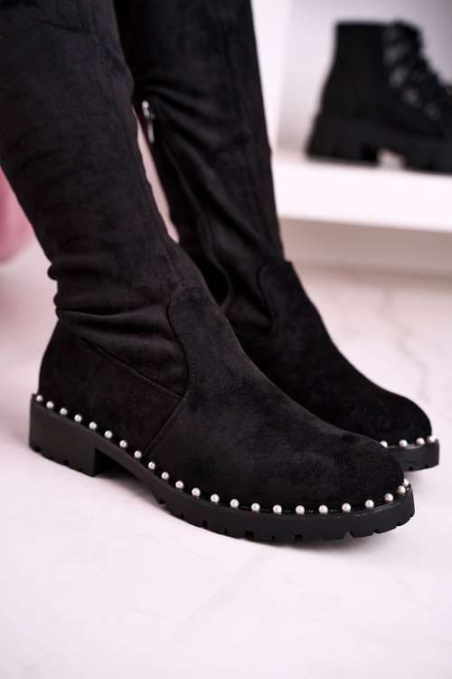 Kozaki Za Kolano Z Perełkami Zamszowe Czarne Isabel