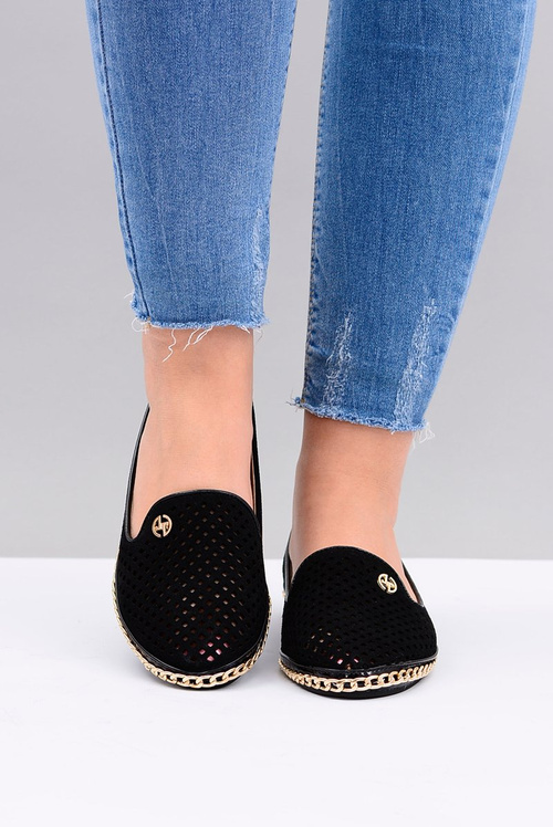 Lu Boo | Czarne Ażurowe Balerinki Lordsy Stylish