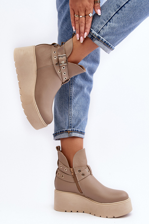 Skórzane Botki Damskie Na Koturnie Platformie Z Paskami Zazoo 1752 Beżowe